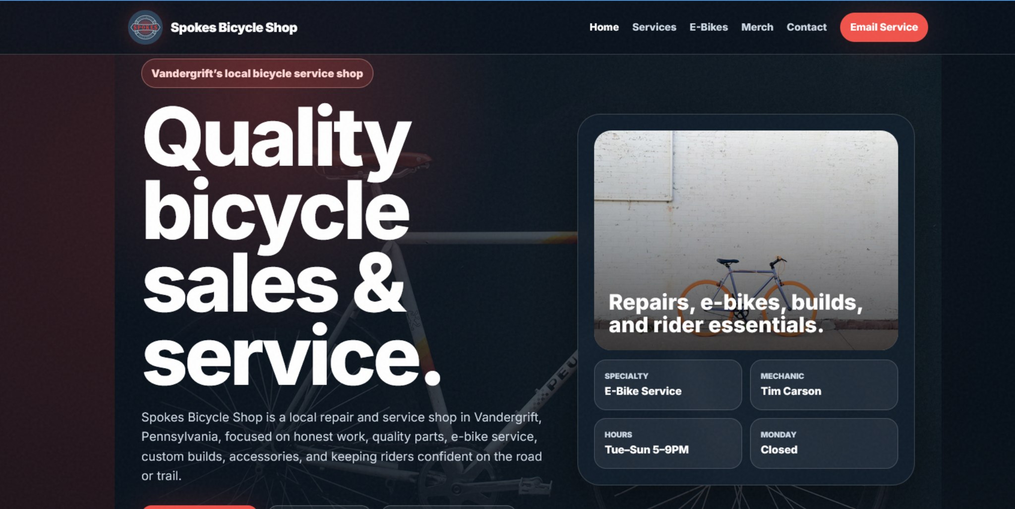 Spokes Bicycle Shop Website Screenshot